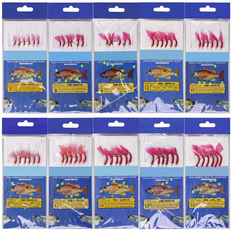 Shaddock Fishing Saltwater Fishing Bait Rigs, 10Packs Surf Fishing Rigs 6 Hooks Fishing Lures Red Fish Skin Feather Hooks Glow Fishing Beads Fishing Tackles for Freshwater Saltwater - Image 1